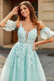 Mint A Line Tulle Spaghetti Straps Long Prom Dress With Appliques