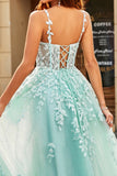 Mint A Line Tulle Spaghetti Straps Long Prom Dress With Appliques