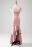 Pink Mermaid Asymmetrical Ruffled Wedding Guest Dress