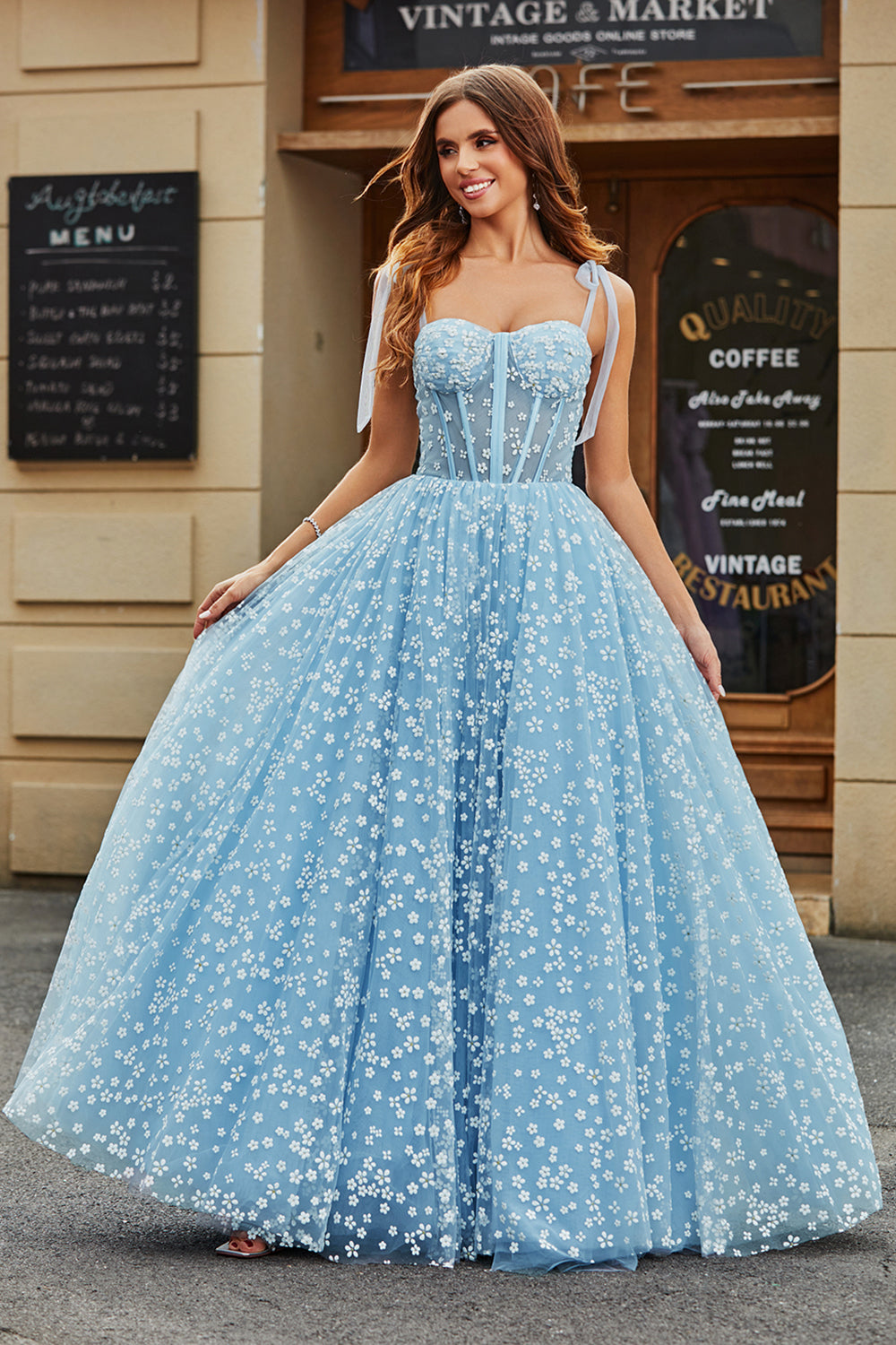 Leely Women Sky Blue Long Corset Prom Dress With Adjustable Straps