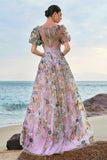 Princess Mauve Corset A-Line Applique Tulle Prom Dress