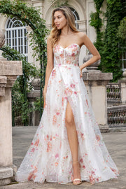 Ivory Sweetheart Embroidered Long Corset Prom Dress with Slit