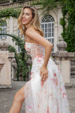 Ivory Sweetheart Embroidered Long Corset Prom Dress with Slit