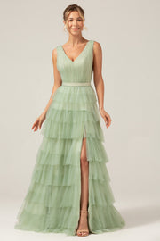 Grey Green A Line Pleated Tiered V Neck Bridesmaid Dress with Slit