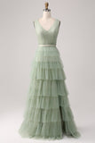Grey Green A Line Pleated Tiered V Neck Bridesmaid Dress with Slit