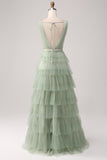 Grey Green A Line Pleated Tiered V Neck Bridesmaid Dress with Slit