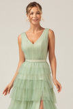 Grey Green A Line Pleated Tiered V Neck Bridesmaid Dress with Slit