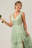 Grey Green A Line Pleated Tiered V Neck Bridesmaid Dress with Slit
