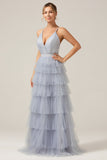 A Line Tiered Tulle Backless Grey Blue Bridesmaid Dress