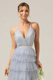 A Line Tiered Tulle Backless Grey Blue Bridesmaid Dress