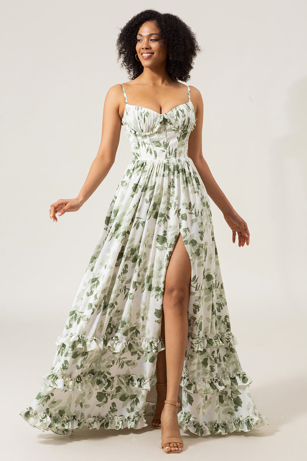 Leely Women Green Prom Dress A-Line Spaghetti Straps Printed
