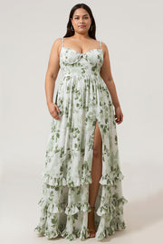 Plus Size Green Ruffled A Line Floral Long Bridesmaid Dress with Slit