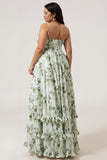 Green Ruffled A-Line Floral Bridesmaid Dress with Slit