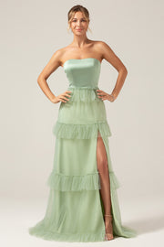 Matcha A-Line Strapless Tiered Long Bridesmaid Dress with Slit