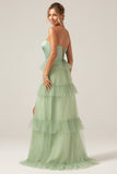 Matcha A-Line Strapless Tiered Long Bridesmaid Dress with Slit