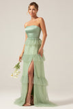 Matcha A-Line Strapless Tiered Long Bridesmaid Dress with Slit