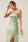 Matcha A-Line Strapless Tiered Long Bridesmaid Dress with Slit