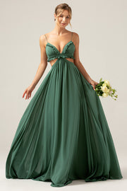 A Line Eucalyptus Spaghetti Straps Ruffles Hollow-out Long Bridesmaid Dress