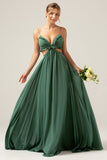 A Line Eucalyptus Spaghetti Straps Ruffles Hollow-out Long Bridesmaid Dress