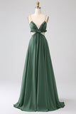 A Line Eucalyptus Spaghetti Straps Ruffles Hollow-out Long Bridesmaid Dress