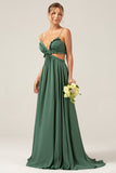 A Line Eucalyptus Spaghetti Straps Ruffles Hollow-out Long Bridesmaid Dress