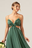 A Line Eucalyptus Spaghetti Straps Ruffles Hollow-out Long Bridesmaid Dress
