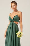 A Line Eucalyptus Spaghetti Straps Ruffles Hollow-out Long Bridesmaid Dress