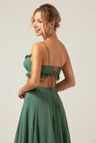 A Line Eucalyptus Spaghetti Straps Ruffles Hollow-out Long Bridesmaid Dress