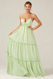 Ruffles A Line Green Bridesmaid Dress with Lace-up Back