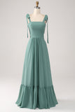 Eucalyptus A Line Square Neck Chiffon Long Bridesmaid Dress