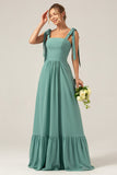 A Line Chiffon Green Long Bridesmaid Dress with Pleated