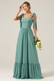 Eucalyptus A Line Square Neck Chiffon Long Bridesmaid Dress