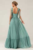 A Line Chiffon Green Long Bridesmaid Dress with Pleated