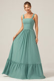 Eucalyptus A Line Square Neck Chiffon Long Bridesmaid Dress