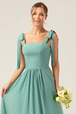 Eucalyptus A Line Square Neck Chiffon Long Bridesmaid Dress