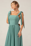 Eucalyptus A Line Square Neck Chiffon Long Bridesmaid Dress