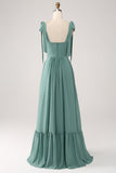 Eucalyptus A Line Square Neck Chiffon Long Bridesmaid Dress