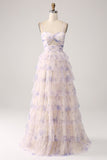 Tiered Lavender Flower Print Spaghetti Straps Bridesmaid Dress with Hollow-out