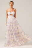 Tiered Lavender Flower Print Spaghetti Straps Bridesmaid Dress with Hollow-out