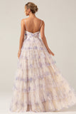 Tiered Lavender Flower Print Spaghetti Straps Bridesmaid Dress with Hollow-out