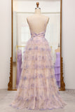 Tiered Lavender Flower Print Spaghetti Straps Bridesmaid Dress with Hollow-out