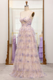 Tiered Lavender Flower Print Spaghetti Straps Bridesmaid Dress with Hollow-out