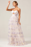 Tiered Lavender Flower Print Spaghetti Straps Bridesmaid Dress with Hollow-out