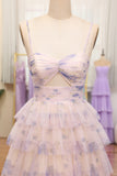 Tiered Lavender Flower Print Spaghetti Straps Bridesmaid Dress with Hollow-out