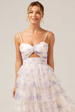 Tiered Lavender Flower Print Spaghetti Straps Bridesmaid Dress with Hollow-out