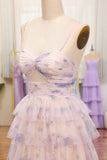 Tiered Lavender Flower Print Spaghetti Straps Bridesmaid Dress with Hollow-out