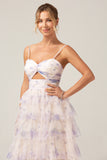 Tiered Lavender Flower Print Spaghetti Straps Bridesmaid Dress with Hollow-out