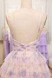 Tiered Lavender Flower Print Spaghetti Straps Bridesmaid Dress with Hollow-out