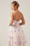 Tiered Lavender Flower Print Spaghetti Straps Bridesmaid Dress with Hollow-out