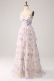 Lavender Flower Print Tiered Princess Prom Dress with Hollow-out